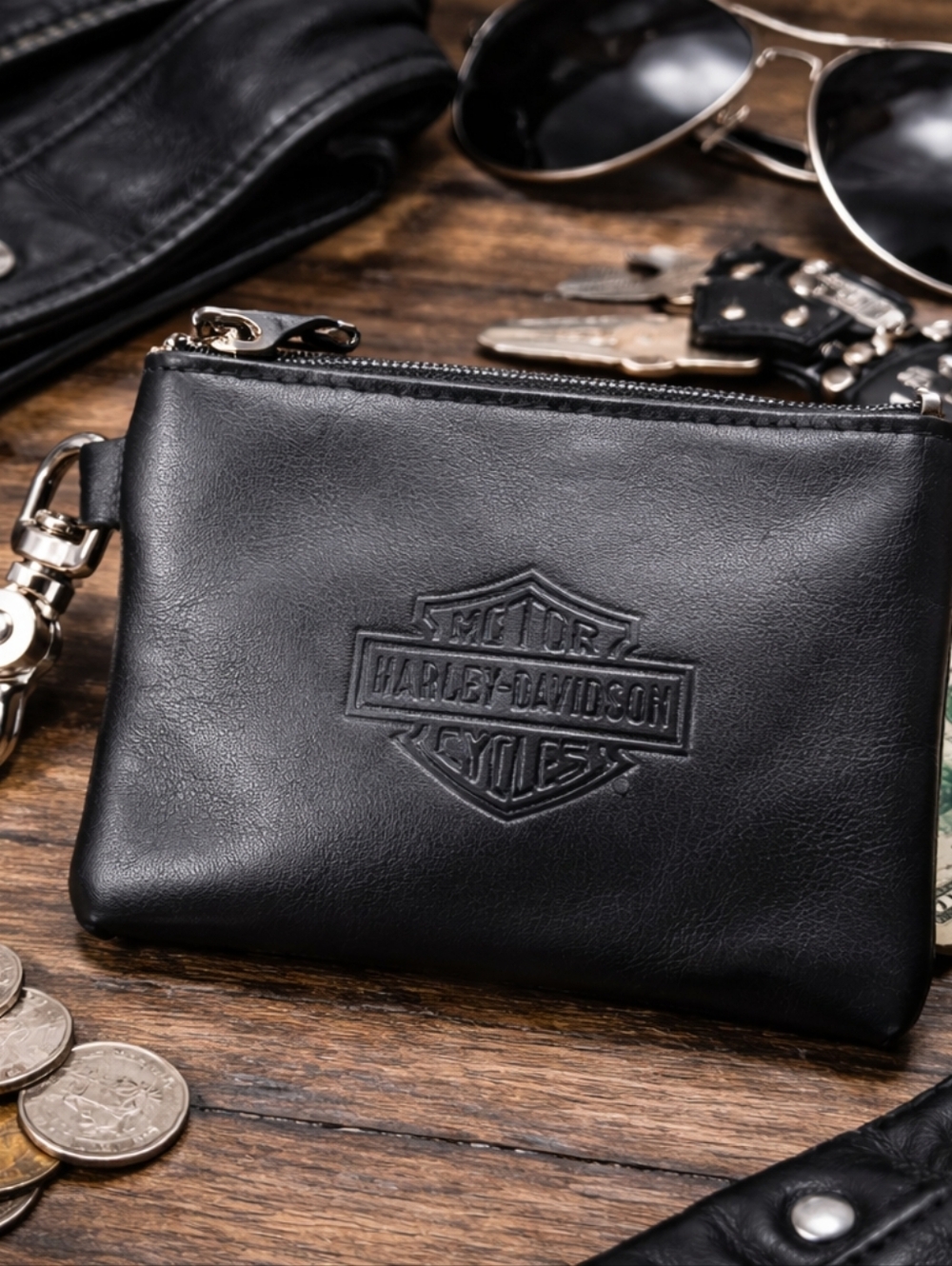 Harley-Davidson Black Embossed Leather Zip Pouch Keychain